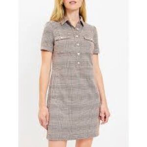 LOFT Taupe Checked Short-Sleeve Shift Dress